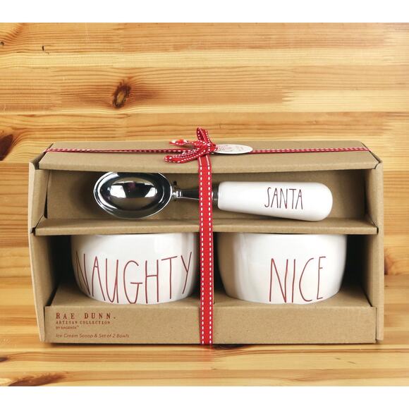 NEW Rae Dunn Ice Cream Scoop Set of 2 Bowls Naughty Nice Santa Christmas Holiday - Picture 1 of 3